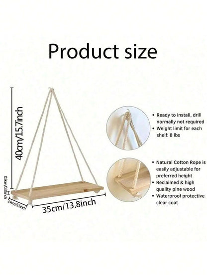 Wooden Swing Hanging Hemp Rope Wall Shelve Mounted Floating Home Living Room Plant Flower Pot Tray Storage Garden Decoration