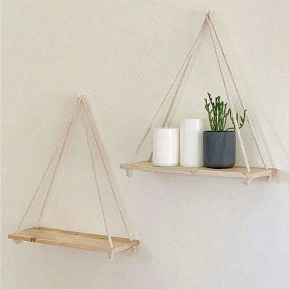 Wooden Swing Hanging Hemp Rope Wall Shelve Mounted Floating Home Living Room Plant Flower Pot Tray Storage Garden Decoration